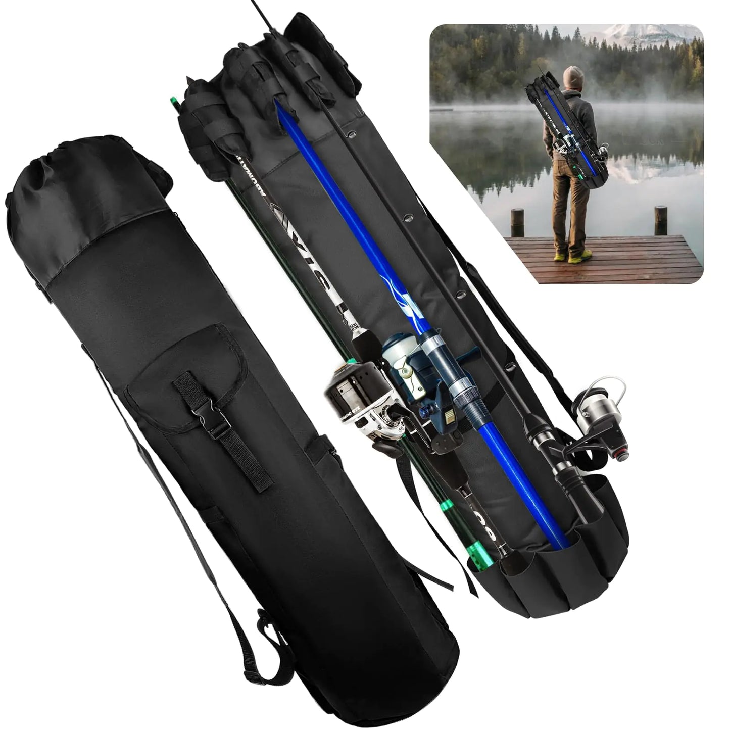 MXiiXM Fishing Rod Bag Fishing Pole Carrier Case Bag Durable Oxford Fabric Fishing Bag Portable Fishing Gear and Equipment (Black)